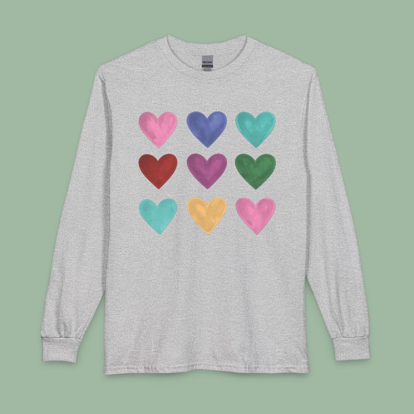 Rainbow Heart Long Sleeve Shirt – Colorful Valentine’s Day Tee for Bold Love & Pride | Eco & Vegan | Limited-Time Drop