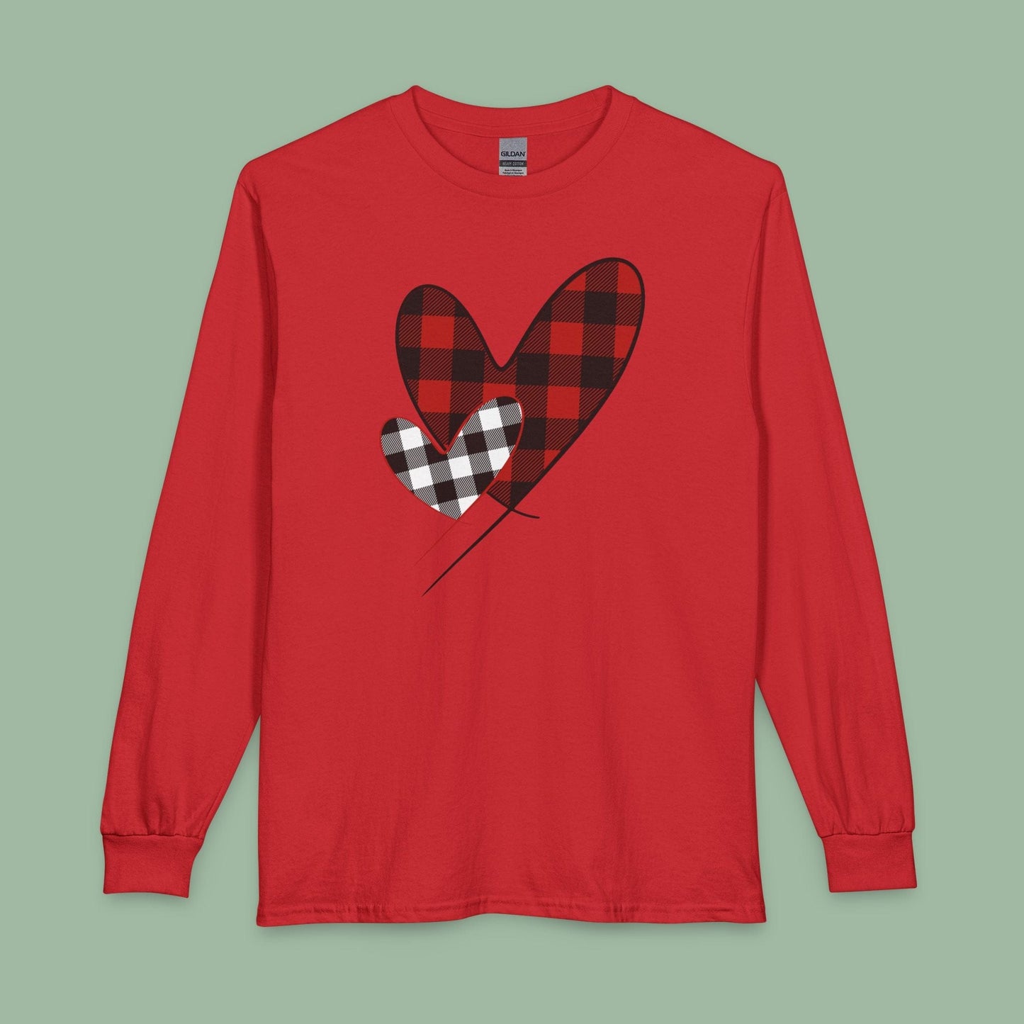 Double Heart Buffalo Plaid Valentine Tee – Vegan Long Sleeve Shirt | Get Yours Now