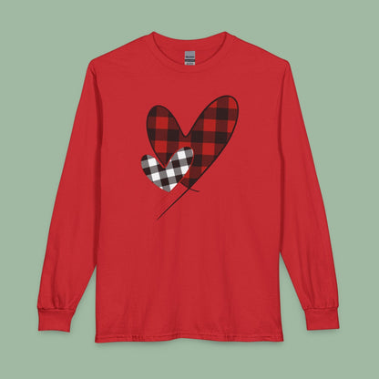 Double Heart Buffalo Plaid Valentine Tee – Vegan Long Sleeve Shirt | Get Yours Now
