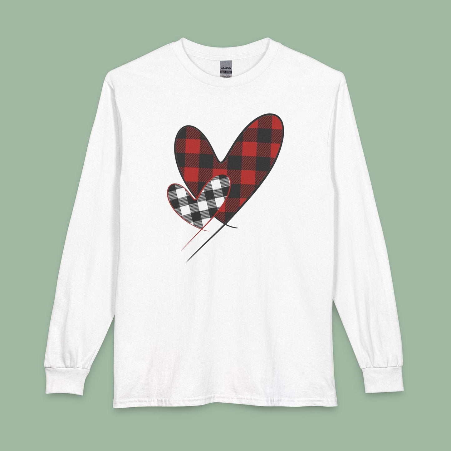 Double Heart Buffalo Plaid Valentine Tee – Vegan Long Sleeve Shirt | Get Yours Now