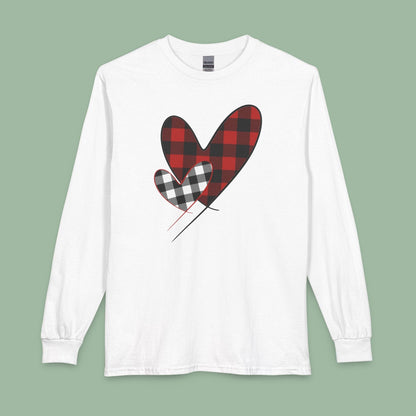 Double Heart Buffalo Plaid Valentine Tee – Vegan Long Sleeve Shirt | Get Yours Now