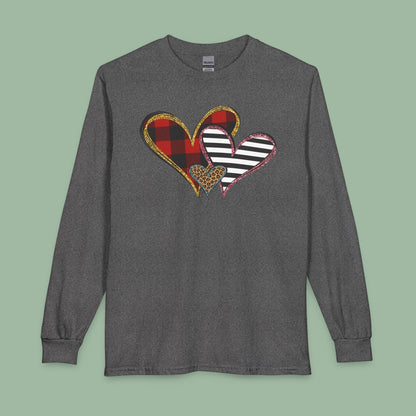 Mixed Pattern Heart Valentine Shirt – Vegan Long Sleeve Tee for Love & Style | Order Now