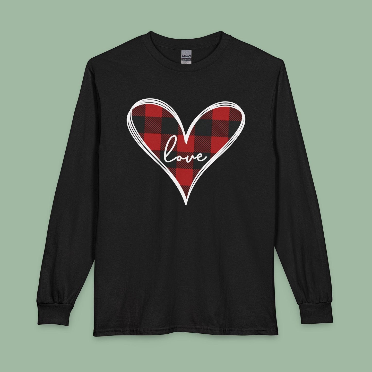 Buffalo Plaid Heart Love Shirt – Vegan Valentine’s Long Sleeve Tee | Shop Now