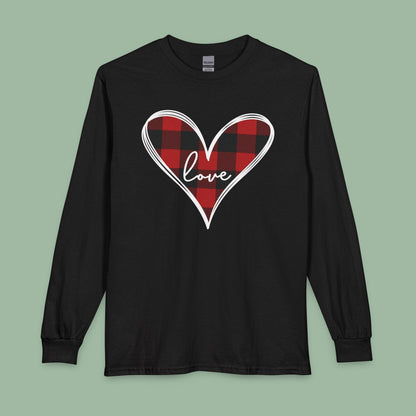 Buffalo Plaid Heart Love Shirt – Vegan Valentine’s Long Sleeve Tee | Shop Now