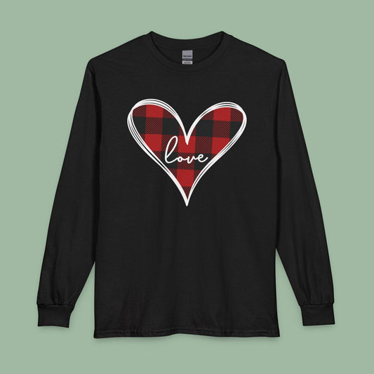 Buffalo Plaid Heart Love Shirt – Vegan Valentine’s Long Sleeve Tee | Shop Now