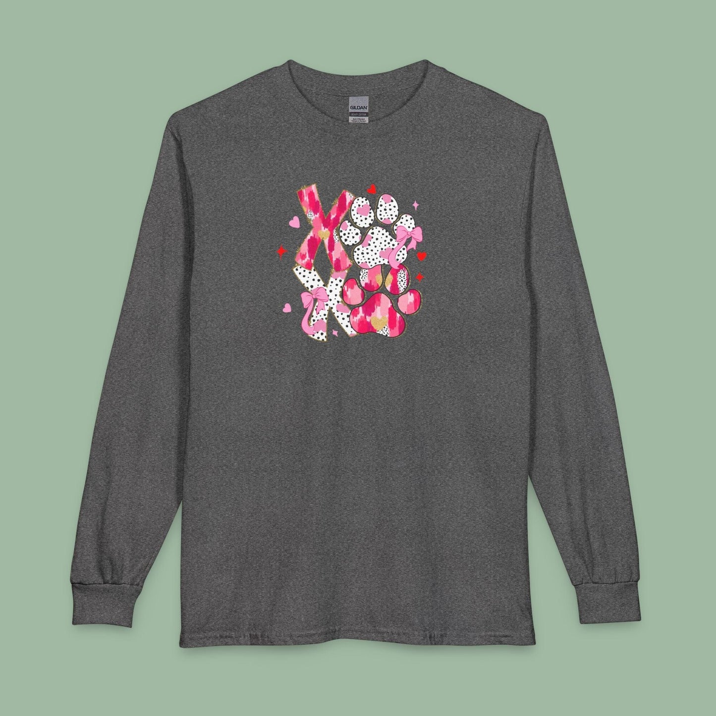 XOXO Paw Print Valentine Shirt – Vegan Long Sleeve Tee for Animal Lovers | Shop Now