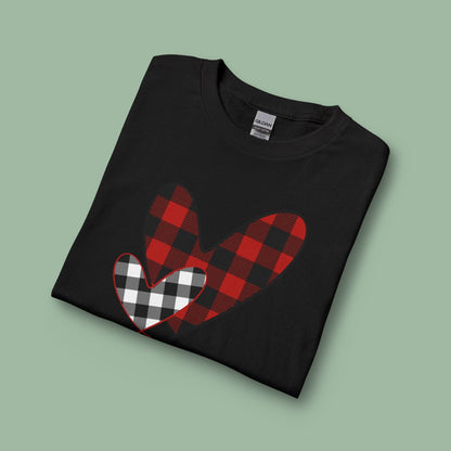 Double Heart Buffalo Plaid Valentine Tee – Vegan Long Sleeve Shirt | Get Yours Now