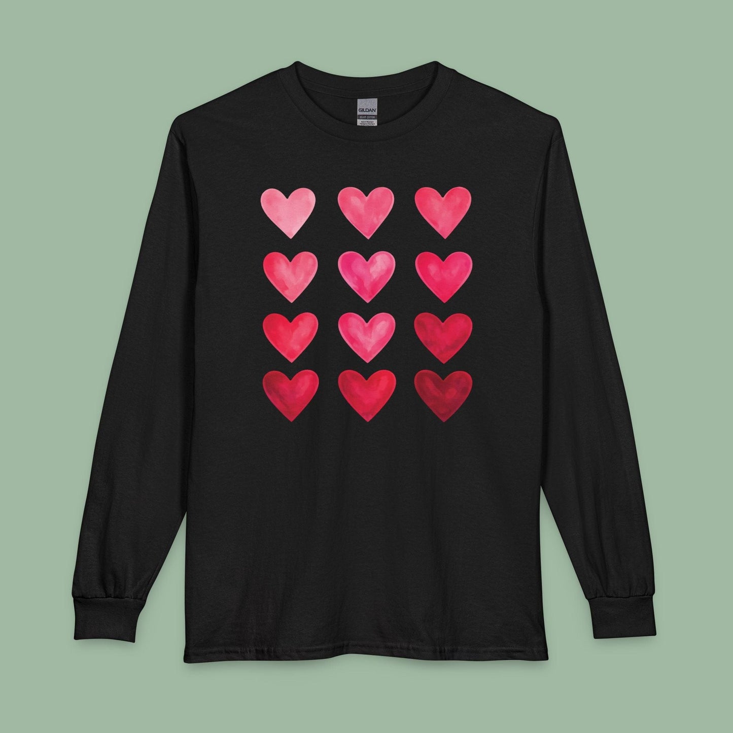Gradient Heart Long Sleeve Shirt – Valentine’s Day Tee with Pink to Red Hearts | Eco & Vegan | Limited-Time Drop