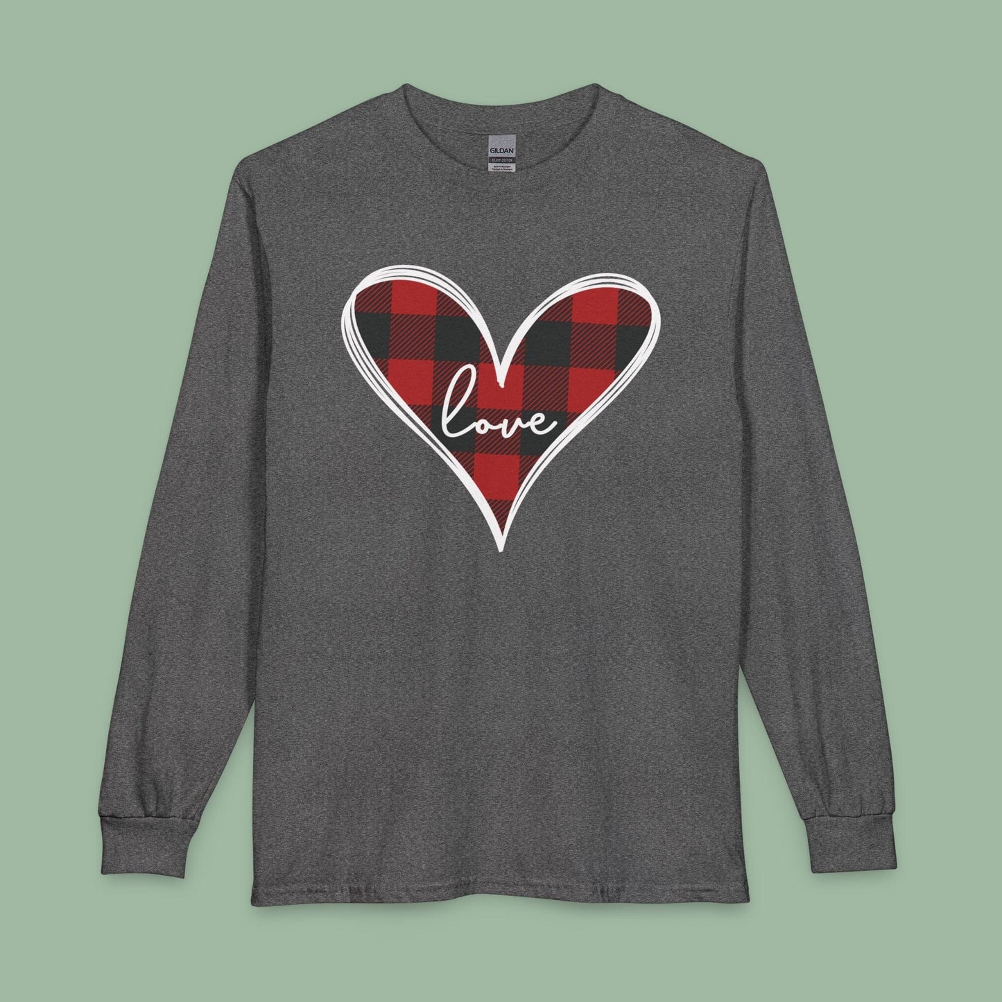 Buffalo Plaid Heart Love Shirt – Vegan Valentine’s Long Sleeve Tee | Shop Now