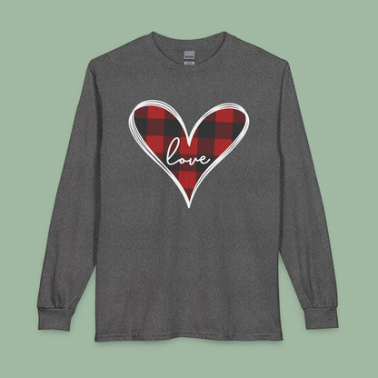 Buffalo Plaid Heart Love Shirt – Vegan Valentine’s Long Sleeve Tee | Shop Now