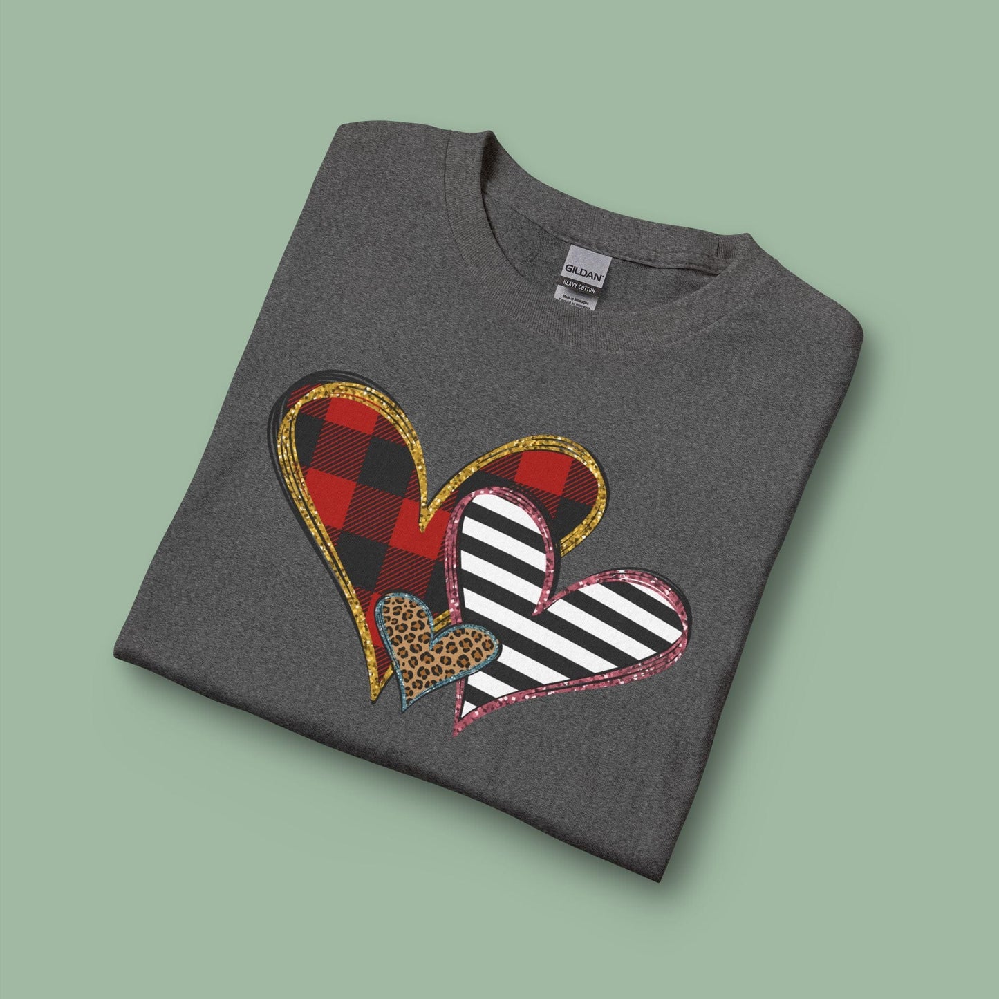 Mixed Pattern Heart Valentine Shirt – Vegan Long Sleeve Tee for Love & Style | Order Now