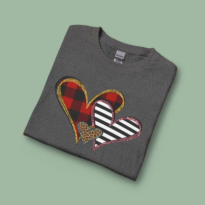 Mixed Pattern Heart Valentine Shirt – Vegan Long Sleeve Tee for Love & Style | Order Now