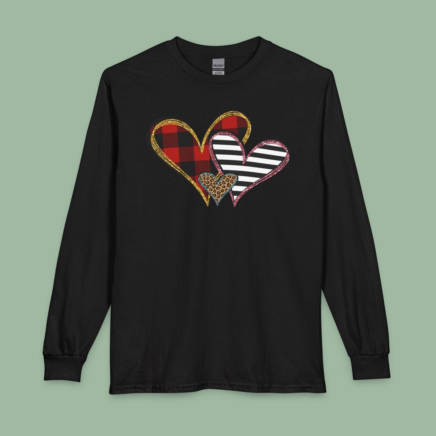Mixed Pattern Heart Valentine Shirt – Vegan Long Sleeve Tee for Love & Style | Order Now
