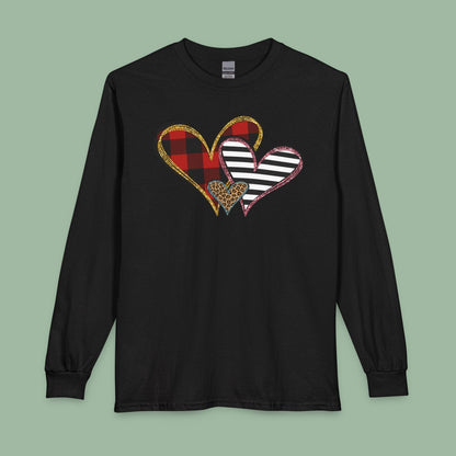 Mixed Pattern Heart Valentine Shirt – Vegan Long Sleeve Tee for Love & Style | Order Now