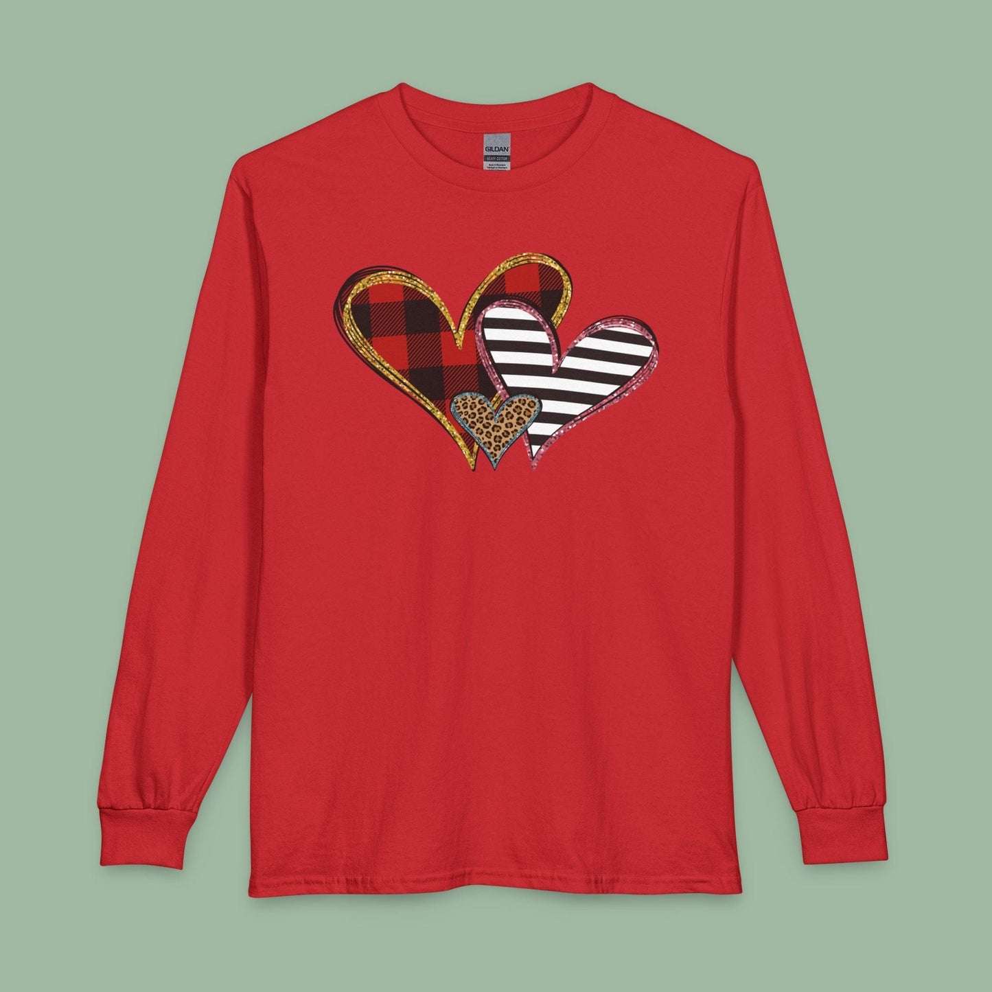 Mixed Pattern Heart Valentine Shirt – Vegan Long Sleeve Tee for Love & Style | Order Now