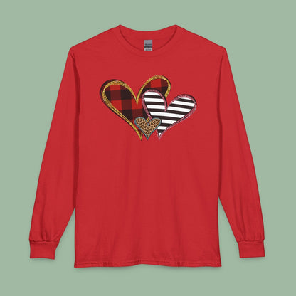 Mixed Pattern Heart Valentine Shirt – Vegan Long Sleeve Tee for Love & Style | Order Now