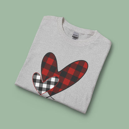 Double Heart Buffalo Plaid Valentine Tee – Vegan Long Sleeve Shirt | Get Yours Now