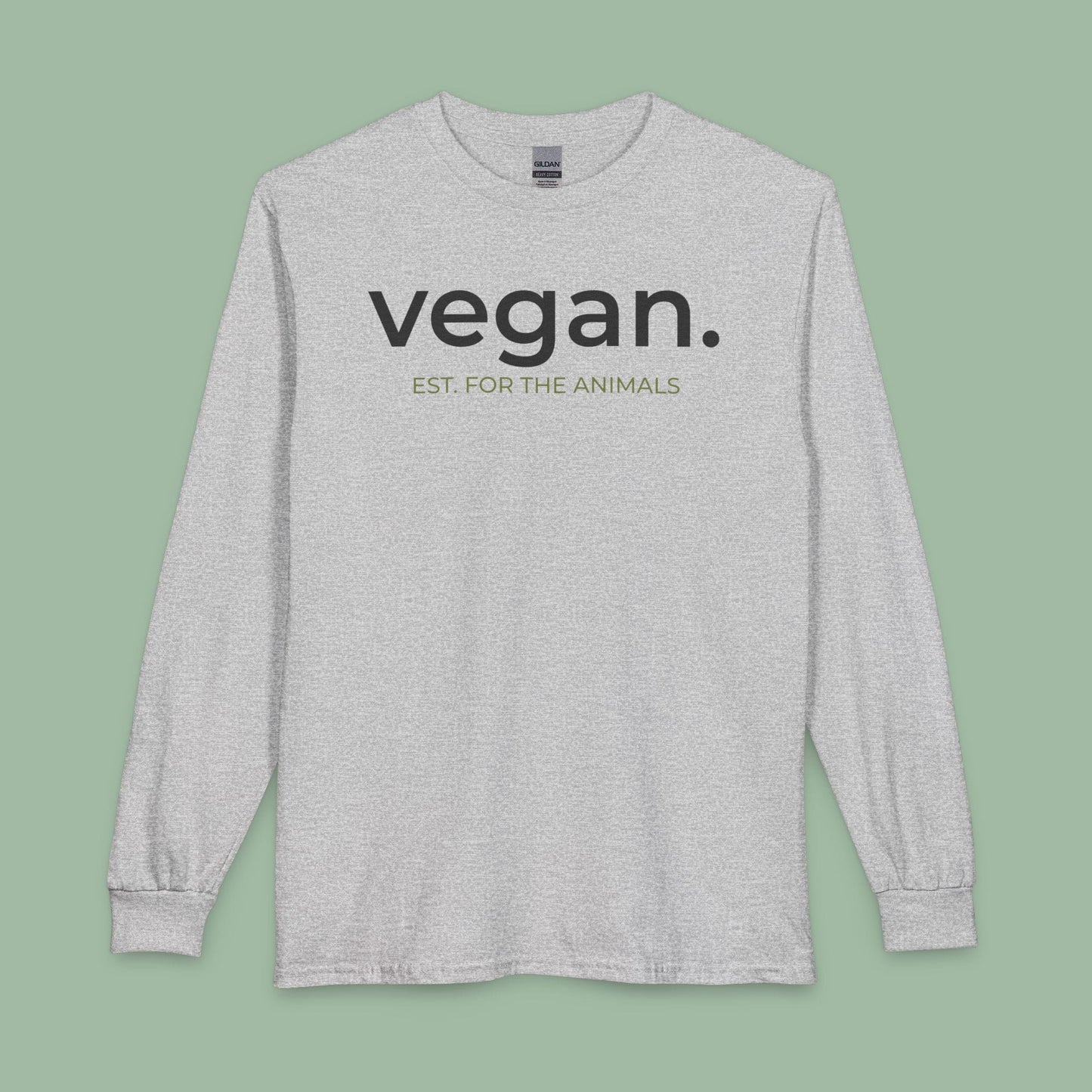 A light heather gray long-sleeve t-shirt with 'vegan.' printed in black and 'EST.