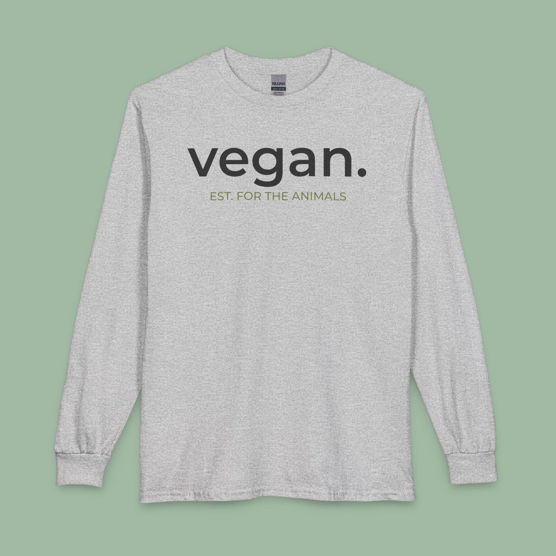 A light heather gray long-sleeve t-shirt with 'vegan.' printed in black and 'EST.