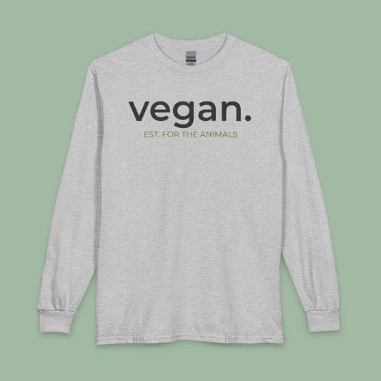 A light heather gray long-sleeve t-shirt with 'vegan.' printed in black and 'EST.
