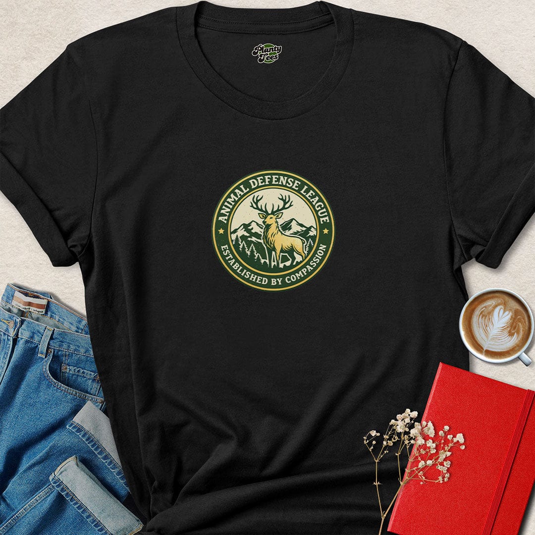 Animal Defense League Badge Tee – Full Front Ethical Warrior Shirt