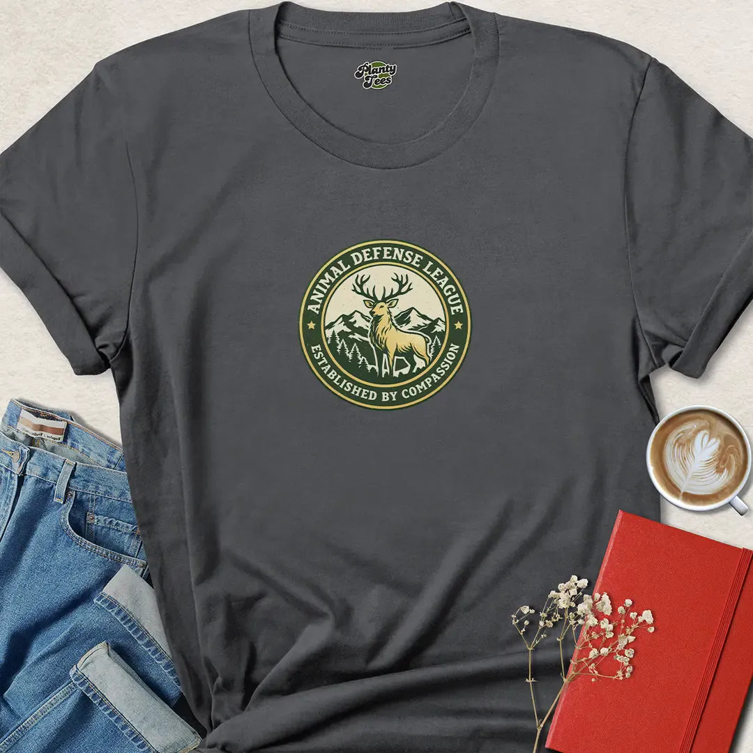 Animal Defense League Badge Tee – Full Front Ethical Warrior Shirt