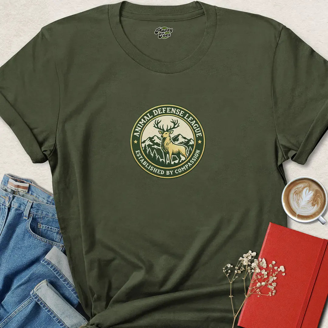 Animal Defense League Badge Tee – Full Front Ethical Warrior Shirt