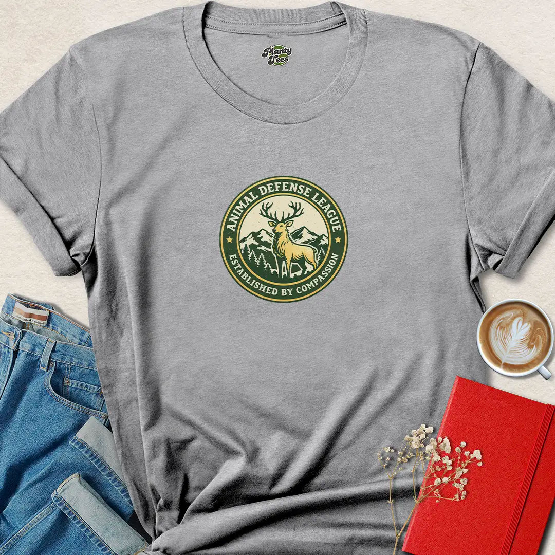Animal Defense League Badge Tee – Full Front Ethical Warrior Shirt