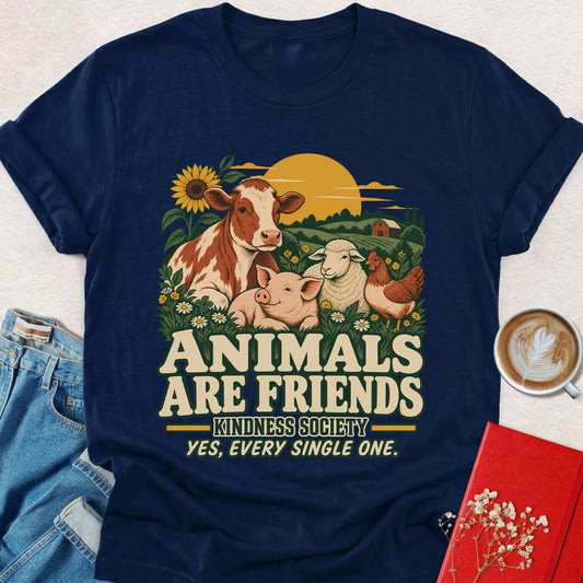 Navy vegan T-shirt with front graphic of animals and “Animals Are Friends” quote