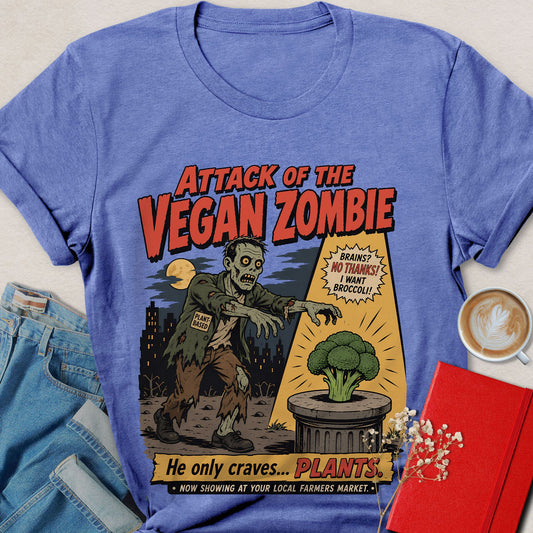 Purple-blue graphic horror T-shirt with zombie and plant character front print