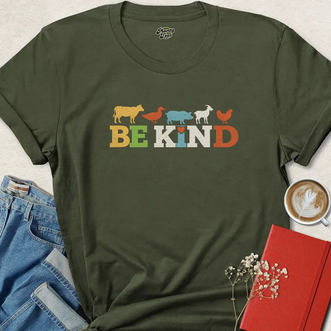 Be Kind Animal Shirt – Colorful Vegan Message Tee for Compassionate Living