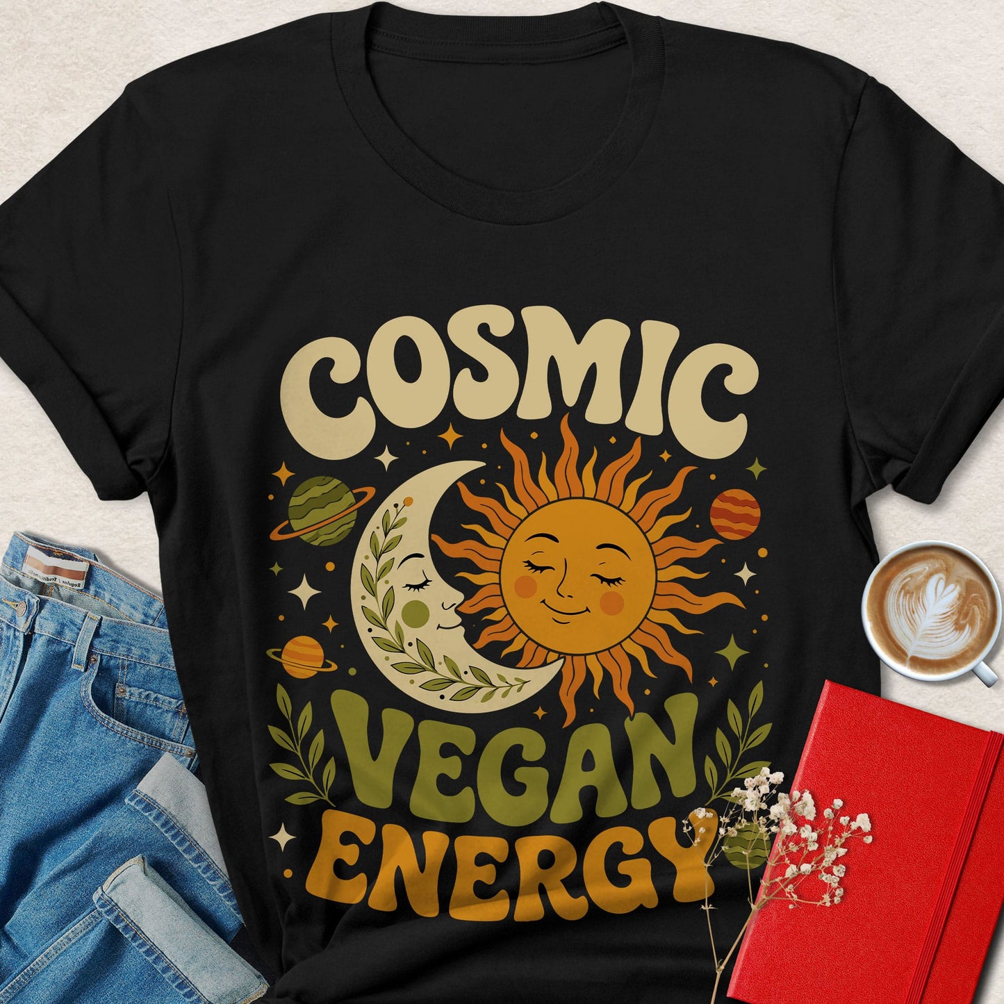 Cosmic Vegan Energy Shirt | Retro Celestial Vegan Tee