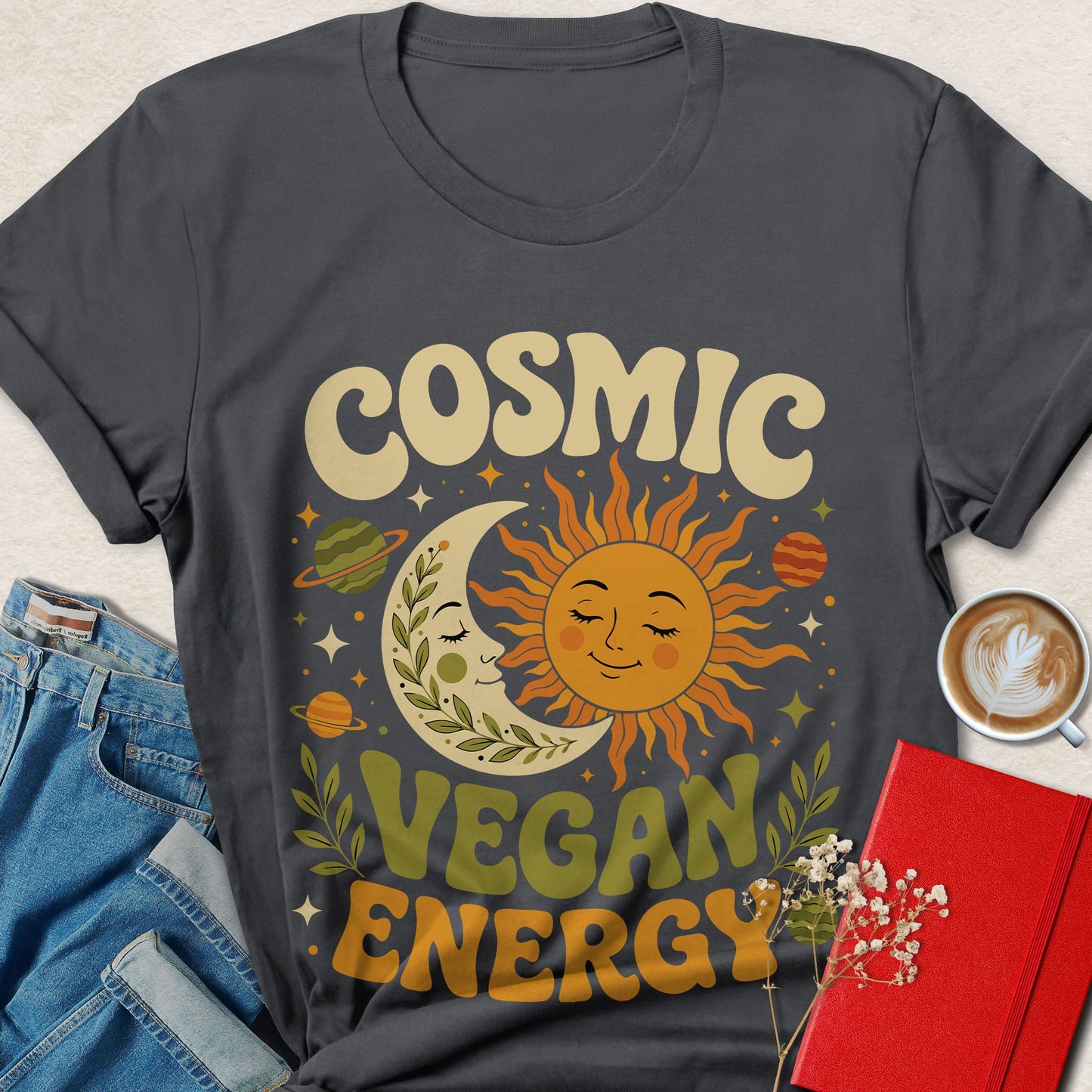Cosmic Vegan Energy Shirt | Retro Celestial Vegan Tee