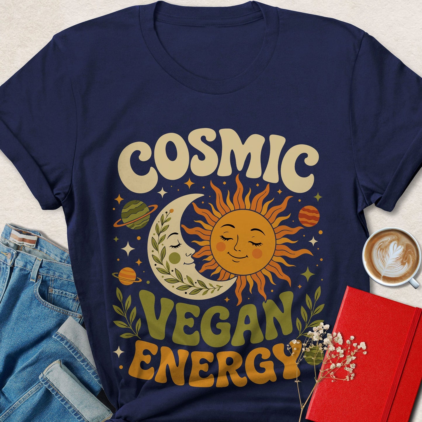 Cosmic Vegan Energy Shirt | Retro Celestial Vegan Tee