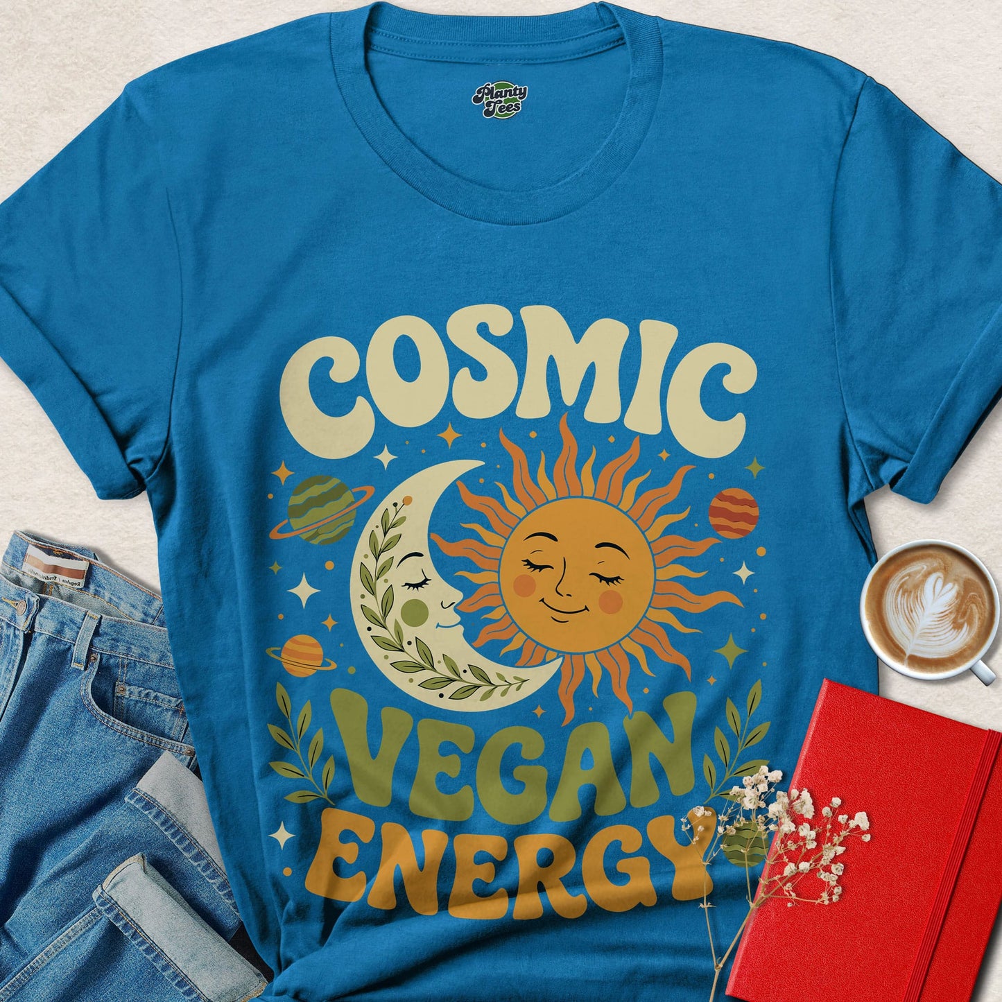 Cosmic Vegan Energy Shirt | Retro Celestial Vegan Tee
