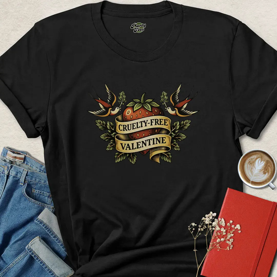 Cruelty-Free Valentine – Retro Vegan Tattoo Style T-Shirt