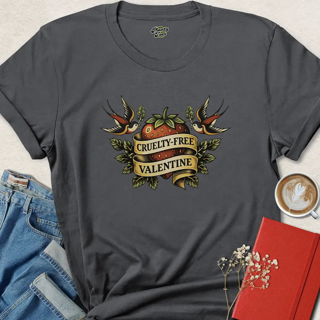 Cruelty-Free Valentine – Retro Vegan Tattoo Style T-Shirt