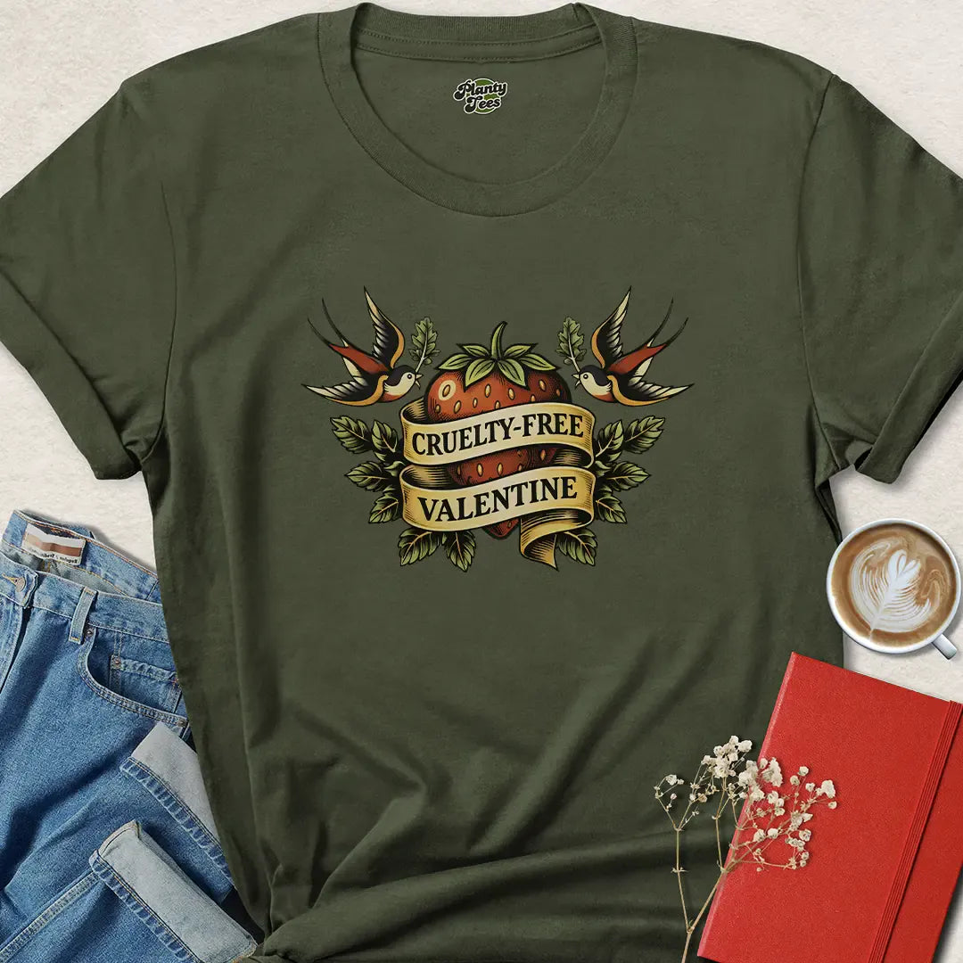 Cruelty-Free Valentine – Retro Vegan Tattoo Style T-Shirt