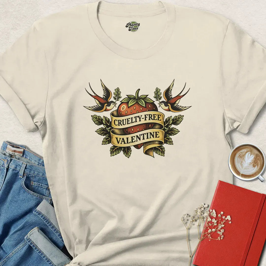 Cruelty-Free Valentine – Retro Vegan Tattoo Style T-Shirt