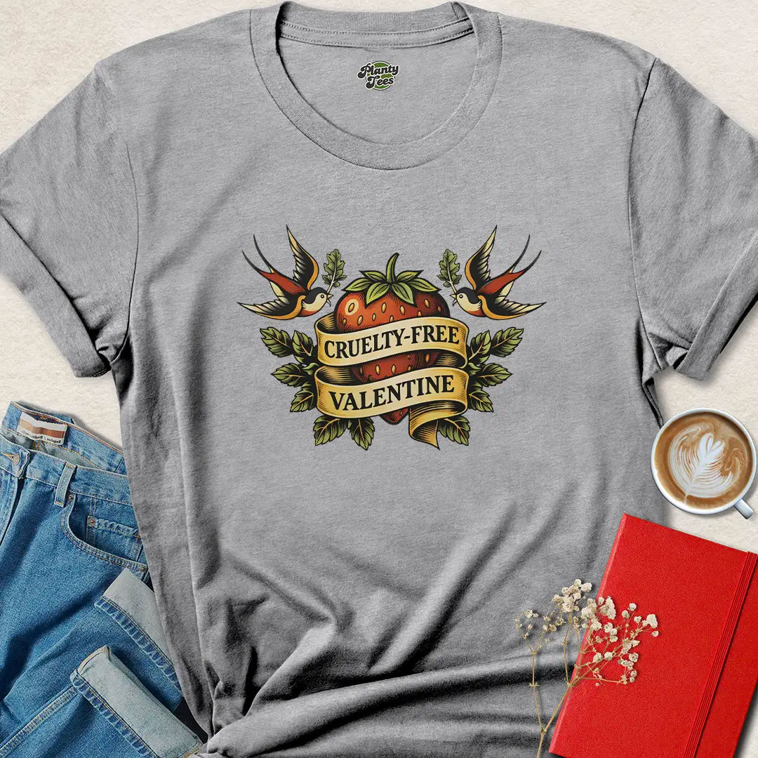 Cruelty-Free Valentine – Retro Vegan Tattoo Style T-Shirt