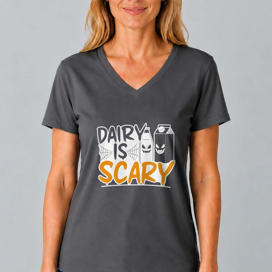 Charcoal gray V-neck graphic T-shirt with “Dairy Is Scary” text and milk carton icons