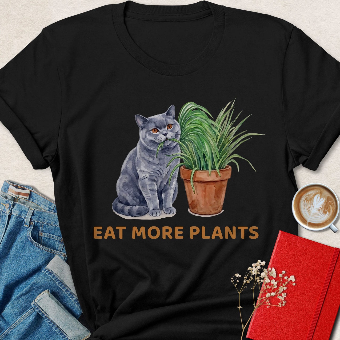 Eat More Plants Cat Vegan Shirt Plant Based Animal Lover Tee