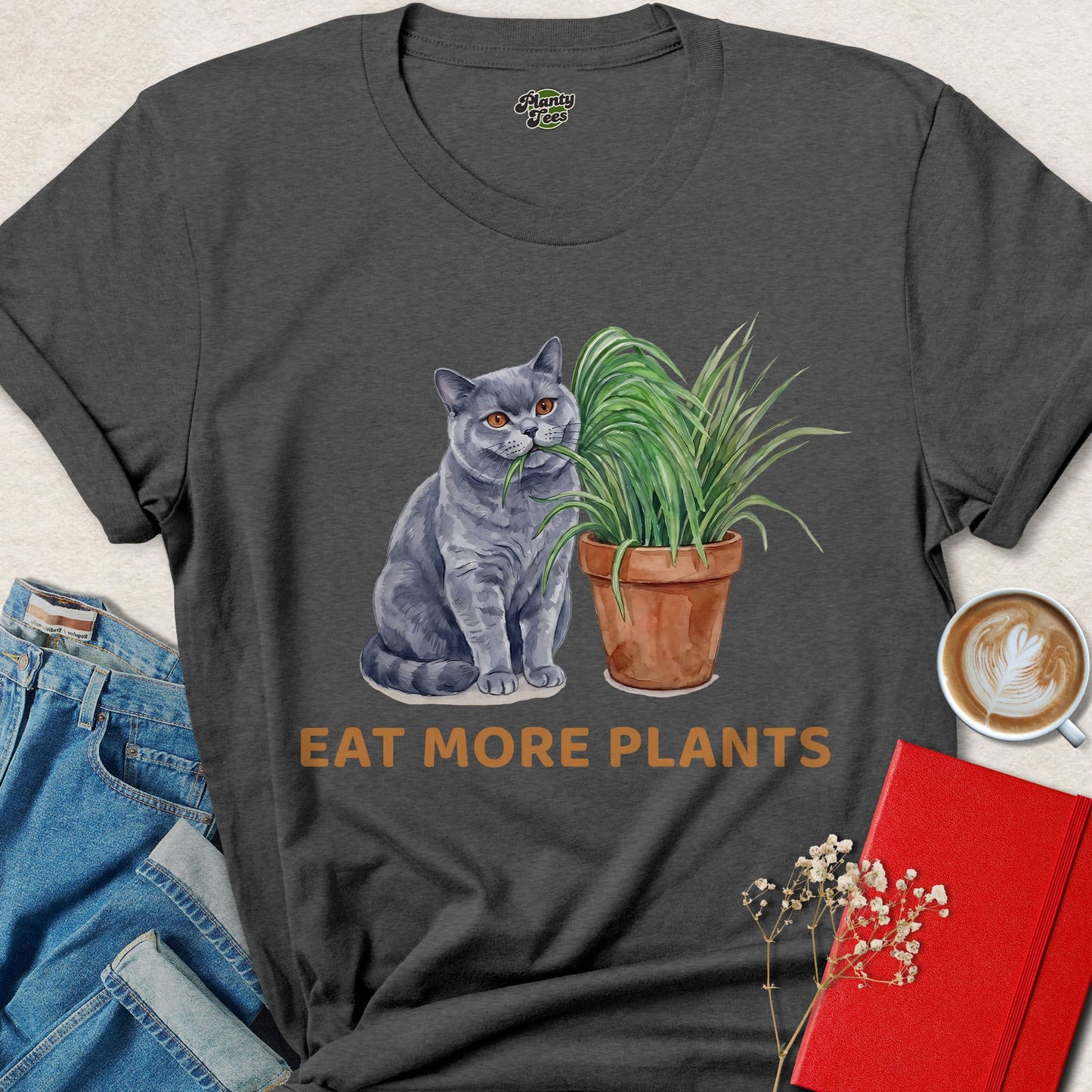 Eat More Plants Cat Vegan Shirt Plant Based Animal Lover Tee