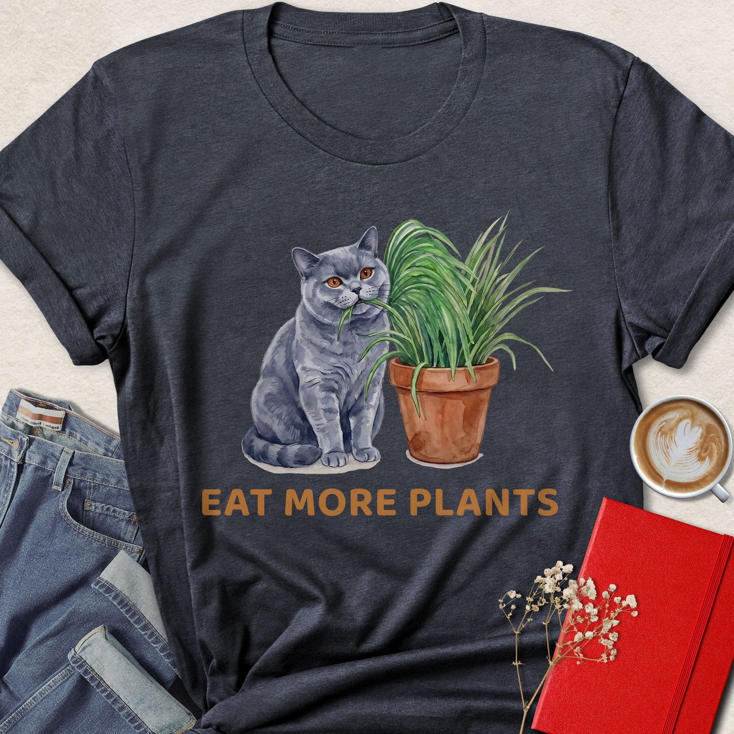 Eat More Plants Cat Vegan Shirt Plant Based Animal Lover Tee