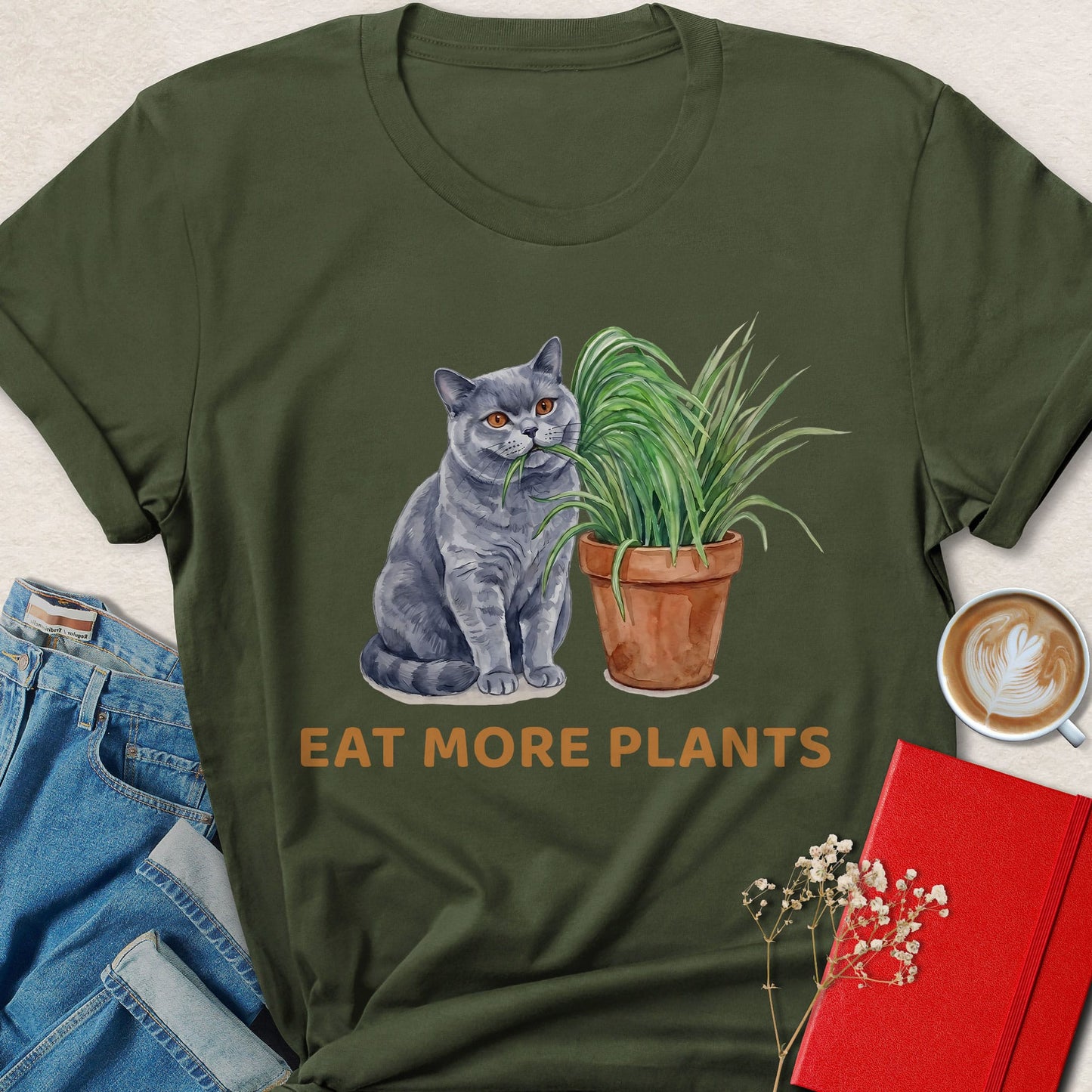Eat More Plants Cat Vegan Shirt Plant Based Animal Lover Tee