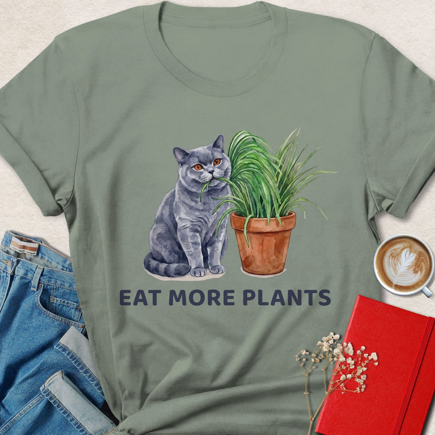 Eat More Plants Cat Vegan Shirt Plant Based Animal Lover Tee