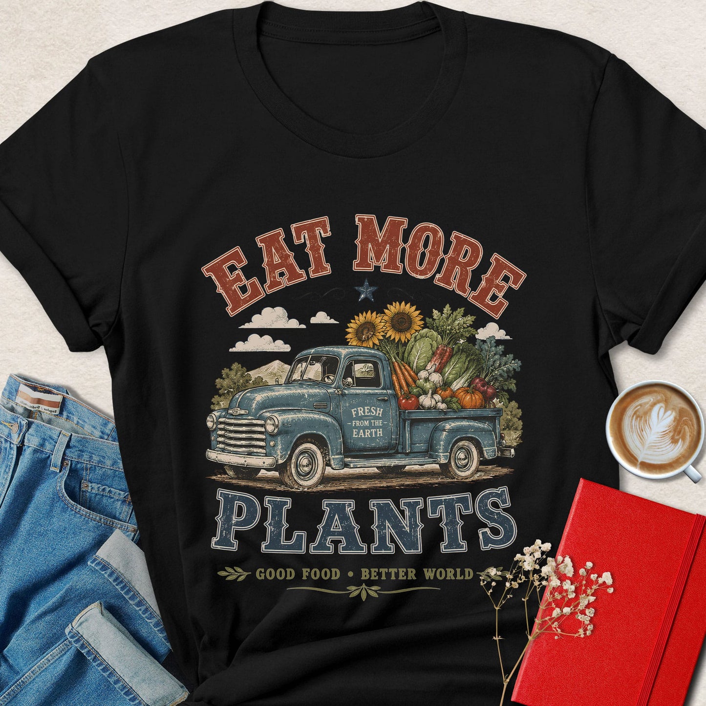 Eat More Plants Vintage Vegan Farm Truck Graphic Shirt