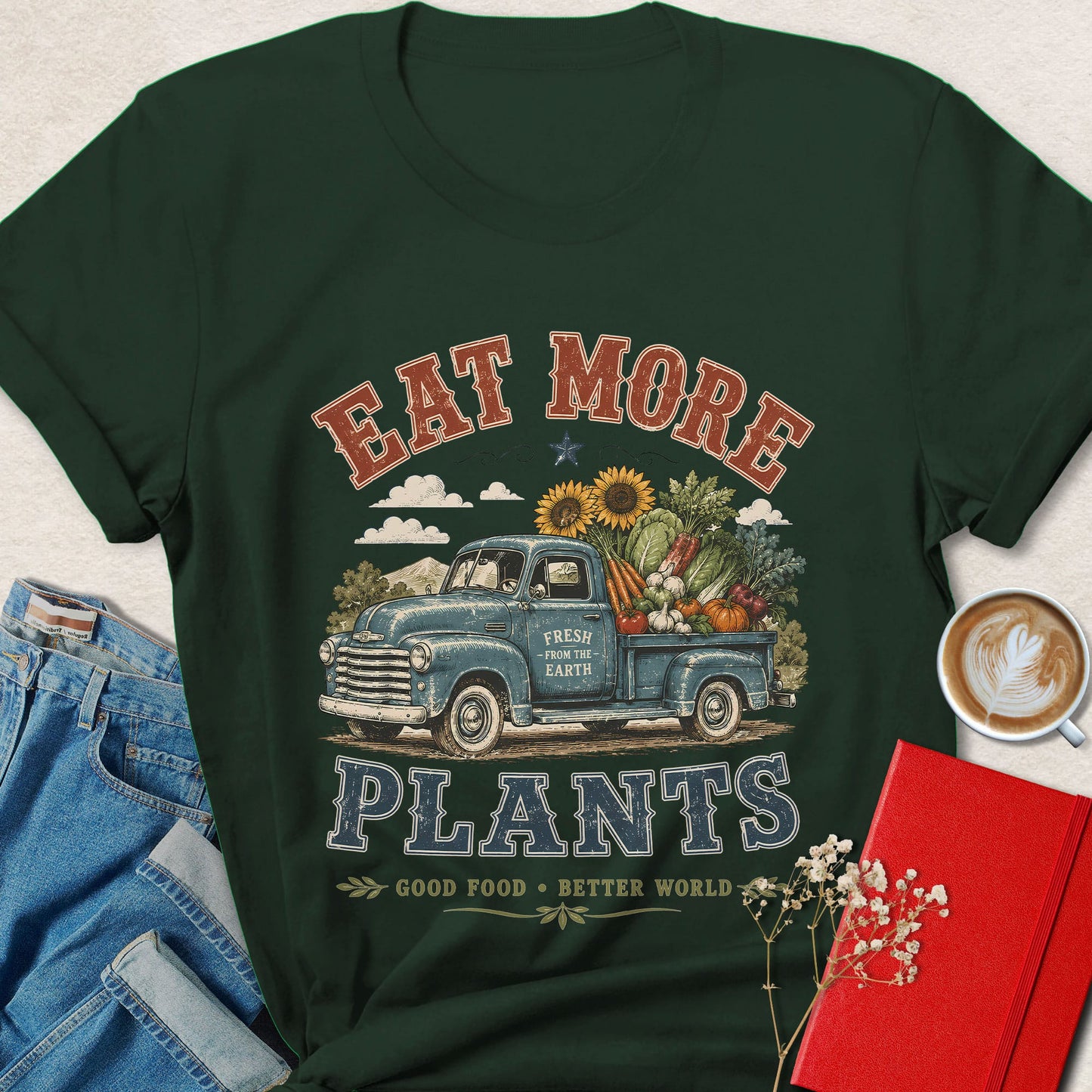 Eat More Plants Vintage Vegan Farm Truck Graphic Shirt