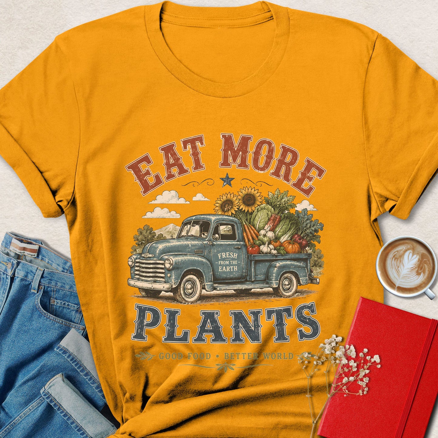 Eat More Plants Vintage Vegan Farm Truck Graphic Shirt