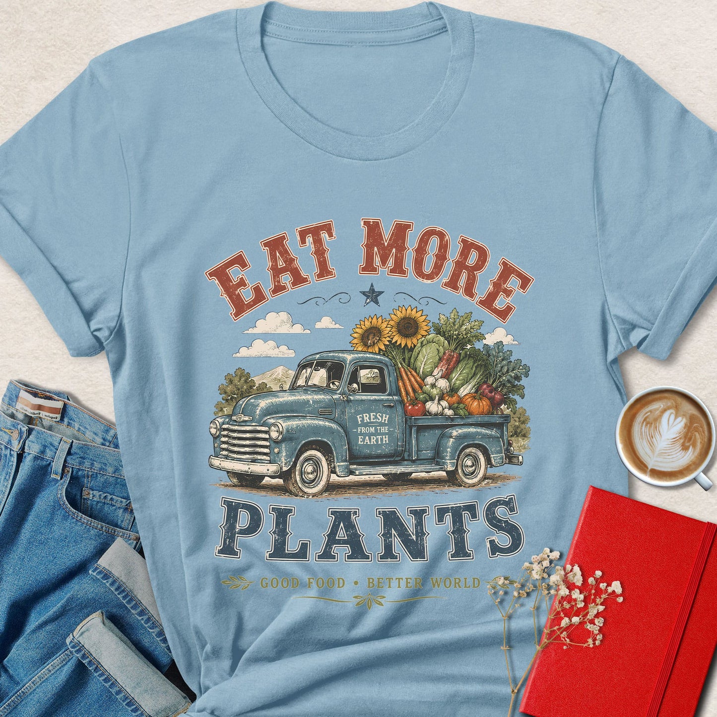 Eat More Plants Vintage Vegan Farm Truck Graphic Shirt